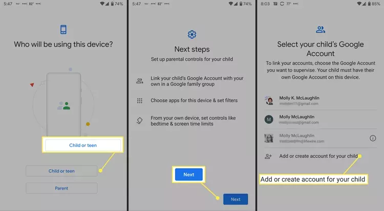 روی add or create account for your child ضربه بزنید