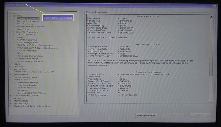  مدل لپ تاپ را در صفحه اصلی BIOS جستجو نمایید