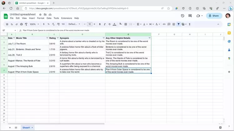 تمپلیت Spreadsheet برای ورود اطلاعات آماده است.