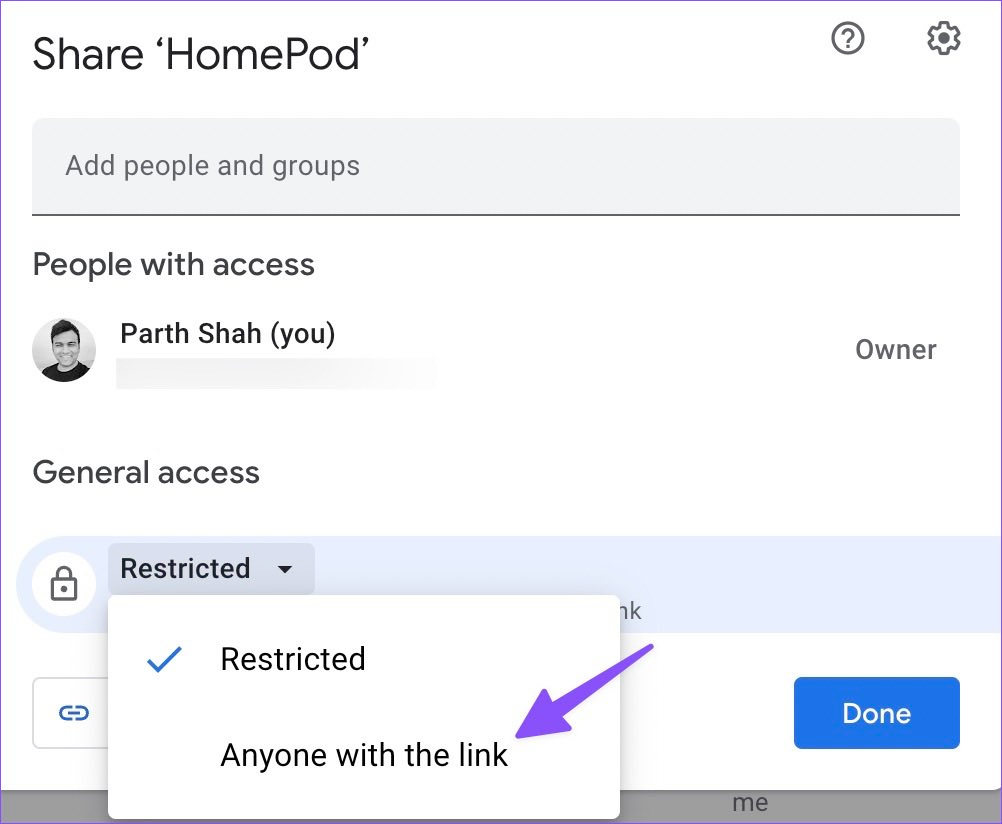 "Anyone with the link" را انتخاب کنید.