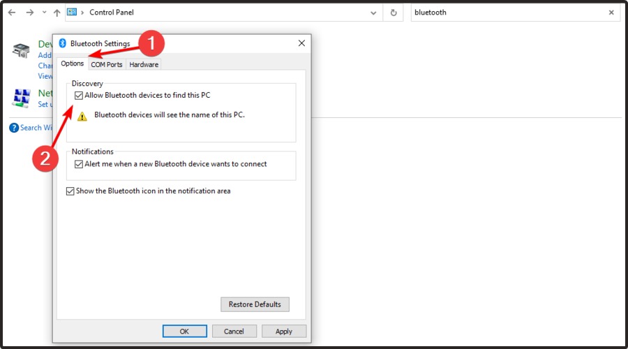 Allow Bluetooth devices to find this PC