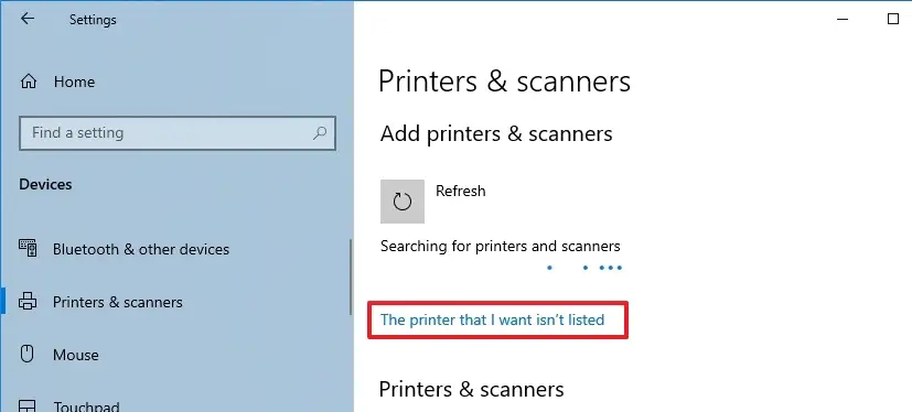 روی گزینه «The printer that I want isn’t listed» کلیک نمایید.