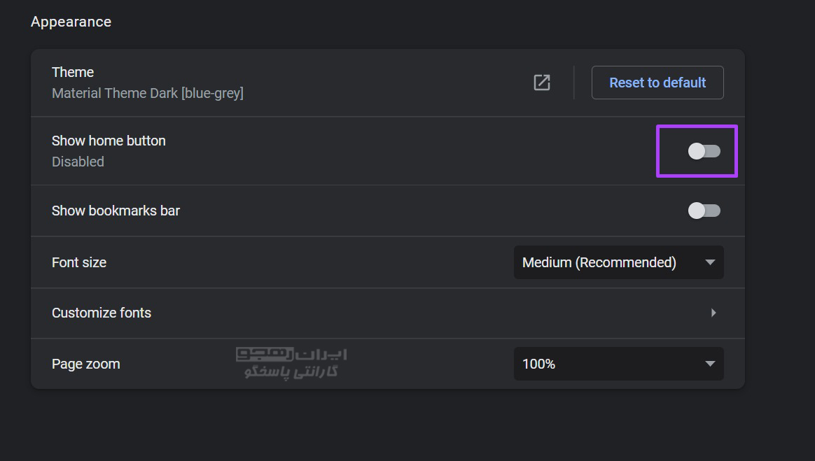 برای فعال کردن، روی کلید کنار گزینه «Show home button» کلیک نمایید.