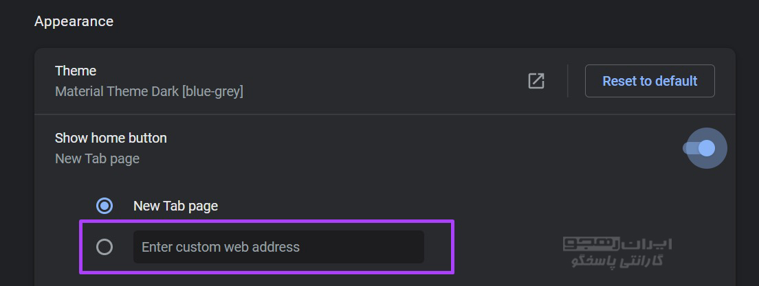 در زیر گزینه Show home button آدرس وب سایتی که می‌خواهید باز شود، را وارد نمایید.