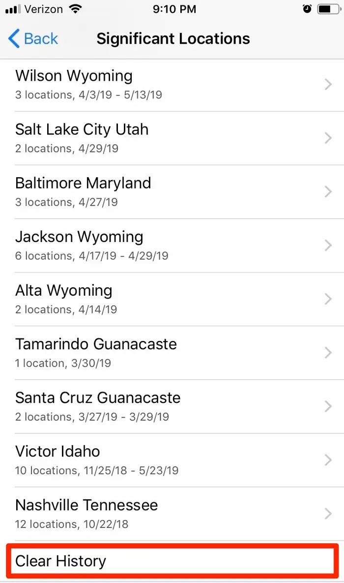 برای انتخاب Clear History به پایین بروید. باید در انتهای لیست شهرها باشد.