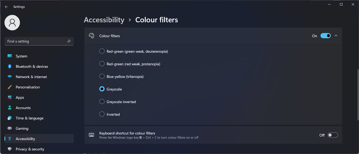 تنظیمات فیلترهای رنگی ویندوز