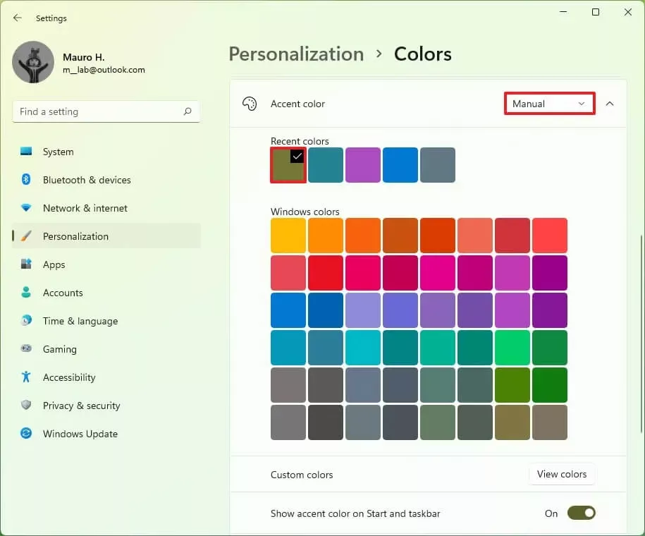 رنگ دلخواه، منوی Start و Taskbar ویندوز 11 انتخاب نمایید.
