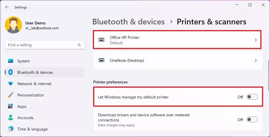 گزینه Let Windows manage my default printer را خاموش نمایید